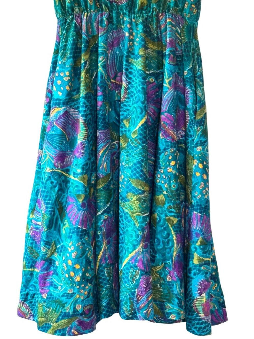 Vintage 80s Melissa Teal Abstract Tropical Print Midi Dress Pockets - Large - Picture 8 of 10